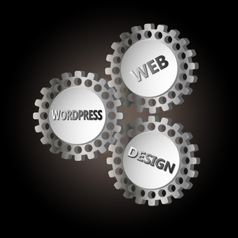 image with 3 gears with the words wordpress, web and design on them on a black background